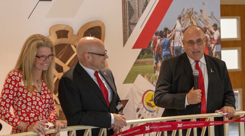 The latest in a series of half-century partnership bonds was recently unveiled as Miami University officials presented a dedicated classroom here to the Native American tribe from which the school is named. Earlier this month, the leader of Miami – President Gregory Crawford - and Miami Tribe of Oklahoma Chief Douglas Lankford celebrated a ribbon cutting for the newly decorated classroom in MacMillan Hall on the university’s main Oxford campus. CONTRIBUTED
