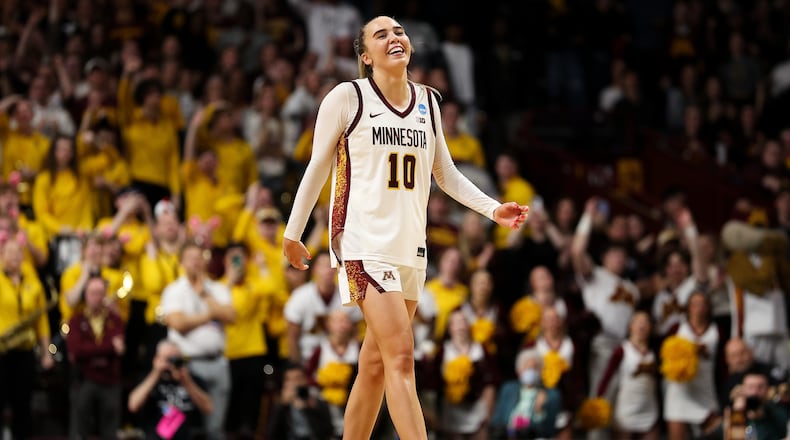 Minnesota guard Mara Braun (10) reacts during the second half in the first round of the NCAA college basketball tournament against Green Bay, Friday, March 20, 2026, in Minneapolis. (AP Photo/Matt Krohn)
