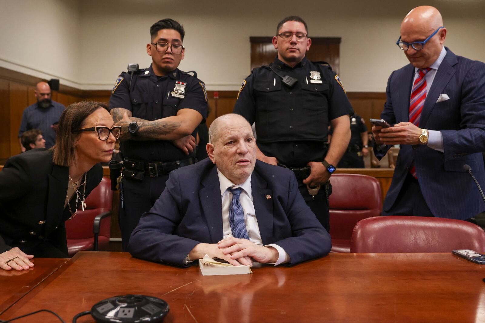 Former film producer Harvey Weinstein appears in court for his retrial at Manhattan Criminal Court in New York, Tuesday, April 15, 2025. (Sarah Yenesel/Pool Photo via AP)