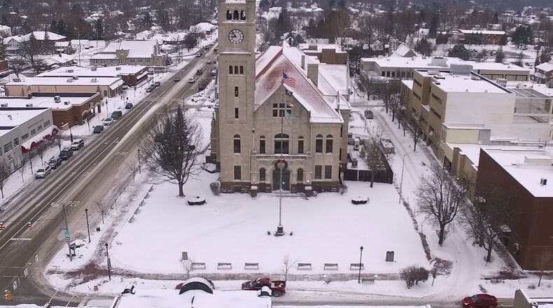 Aerial view of a snowy Greene County Courthouse. FILE