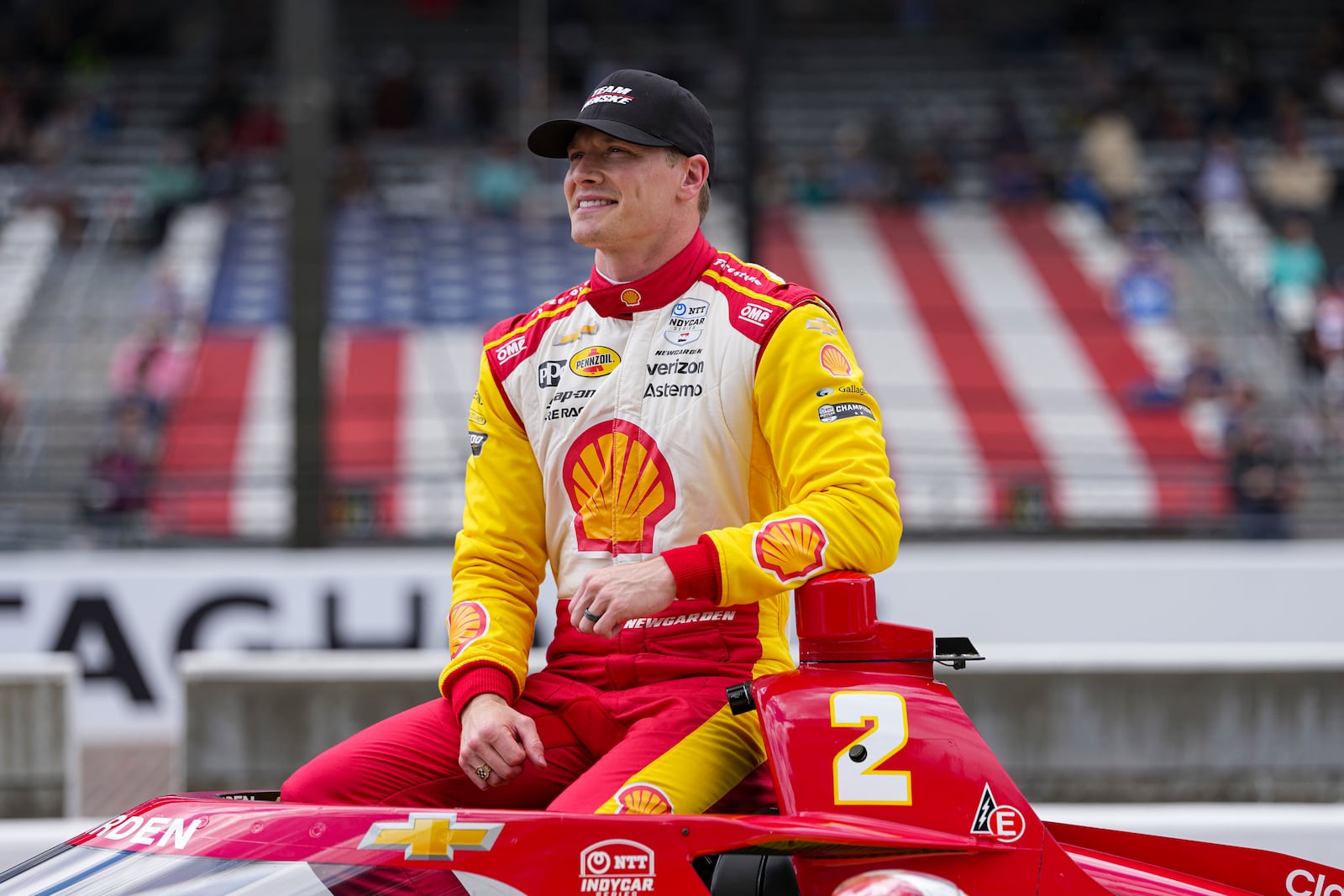 Josef Newgarden poses for a photo after he qualified for the Indianapolis 500 auto race at Indianapolis Motor Speedway in Indianapolis, Saturday, May 17, 2025. (AP Photo/Michael Conroy)