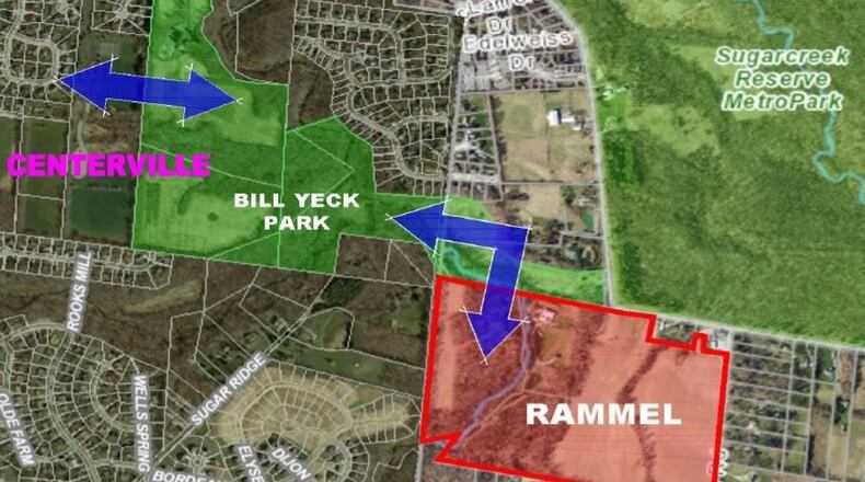 Exhibit A of the lawsuit shows the area being sought for rezoning and its relationship with Bill Yeck Park and the city of Centerville.