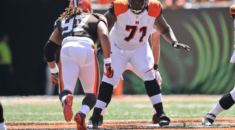 Andre Smith #71 of the Cincinnati Bengals blocks against the Cleveland Browns at Paul Brown Stadium on September 16, 2012 in Cincinnati, Ohio. (Photo by Jamie Sabau/Getty Images)