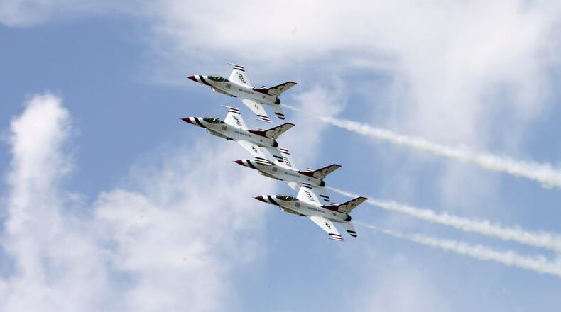 The U. S. Air Force Thunderbirds in the diamond formation at the Vectren Dayton Air Show on Saturday, July 23, 2011. STAFF FILE PHOTO