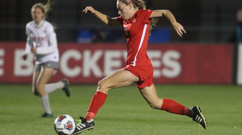 Dayton’s Alexis Kiehl races ahead and scores in the final minute of the first half against Ohio State in the first round of the NCAA tournament on Saturday, Nov. 12, 2016, at Jesse Owens Memorial Stadium in Columbus. David Jablonski/Staff