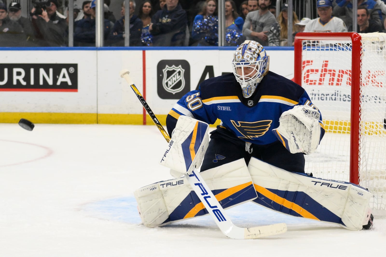 St. Louis Blues goaltender Jordan Binnington defends the net from the Winnipeg Jets during the third period in Game 6 of an NHL hockey first-round playoff series Friday, May 2, 2025, in St. Louis. (AP Photo/Jeff Le)