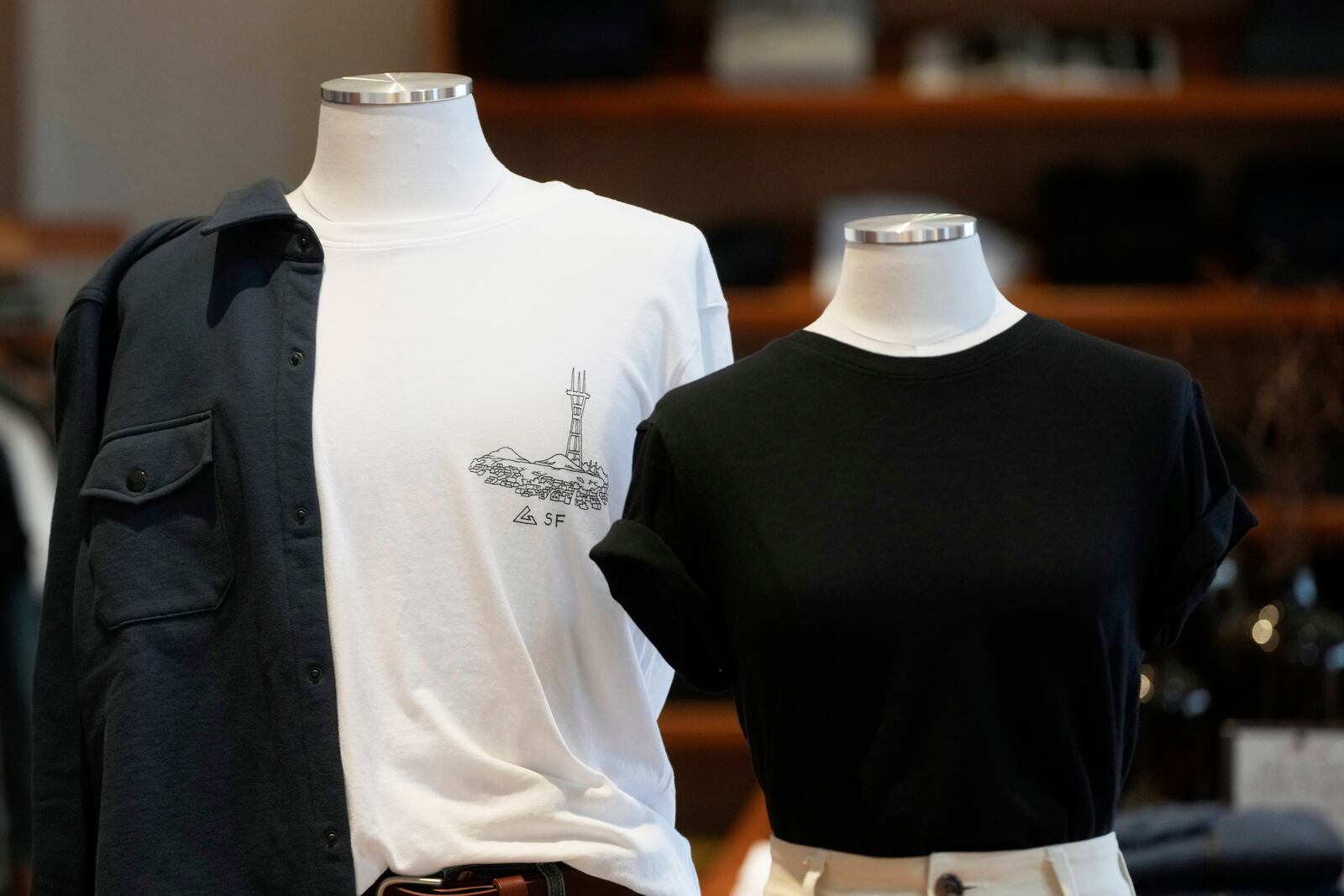 American Giant clothing is displayed at the company's showroom in San Francisco, Thursday, April 17, 2025. (AP Photo/Jeff Chiu)