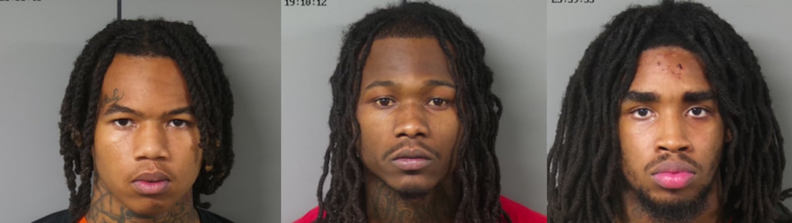 Four people, including three adults, are facing charges following a chase involving a stolen vehicle that started in Fayette County and ended in Greene County on Tuesday, Sept. 9, 2025. Pictured from left to right are Timothy Berry Jr., Lloyd Kelley IV and Kenneth Stark Jr. Photos courtesy Miami Valley Jails.