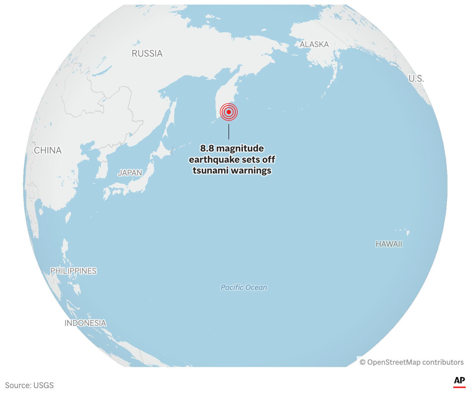 The map above locates the epicenter of an 8.8 magnitude earthquake in Russia that has triggered tsunami warnings across the Pacific Ocean. (AP Graphic)