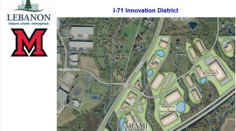 Lebanon and Miami University have been talking about exploring development of an innovation hub for the past several months. This is a very preliminary and conceptual rendering of the proposed hub is located north of the Interstate 71/Ohio 48 interchange. The city's 2020 master plan designated that area as an innovation hub for research and development. Lebanon City Council will consider a three-year memorandum of understanding at its meeting on Tuesday, Oct. 24, 2023. CONTRIBUTED/CITY OF LEBANON
