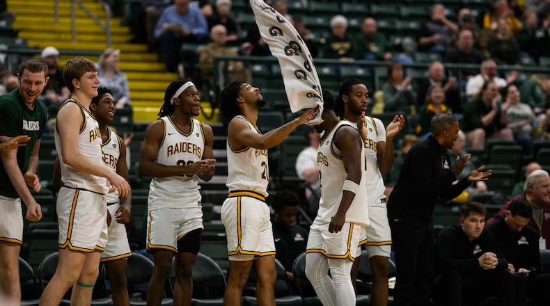 The Wright State University men's basketball team celebrates during their 85-73 victory over IU Indy on Thursday, Feb. 19, 2026 at the Nutter Center. JEREMY MILLER / CONTRIBUTED PHOTO