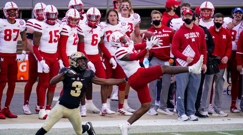 Nebraska cornerback Cam Taylor-Britt (5) breaks up a pass intended for Purdue wide receiver David Bell (3) during the fourth quarter of an NCAA college football game in West Lafayette, Ind., Saturday, Dec. 5, 2020. (AP Photo/Michael Conroy)