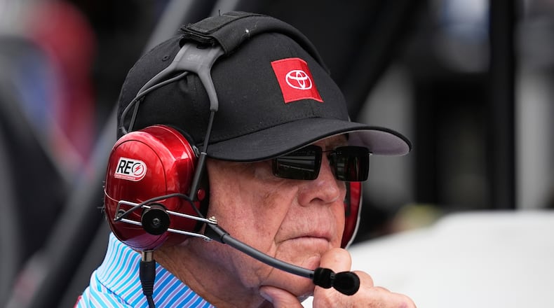 FILE - Joe Gibbs watches a NASCAR Cup Series auto race at Indianapolis Motor Speedway, July 27, 2025, in Indianapolis. (AP Photo/Darron Cummings, File)