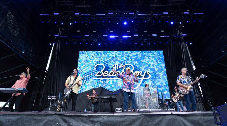 Bruce Johnson, left, Jeffrey Foskett, Mike Love, and Scott Totten of The Beach Boys perform during Bourbon and Beyond music festival on Sunday, Sept. 22, 2024, at the Kentucky Exposition Center in Louisville, Ky. (Photo by Amy Harris/Invision/AP)