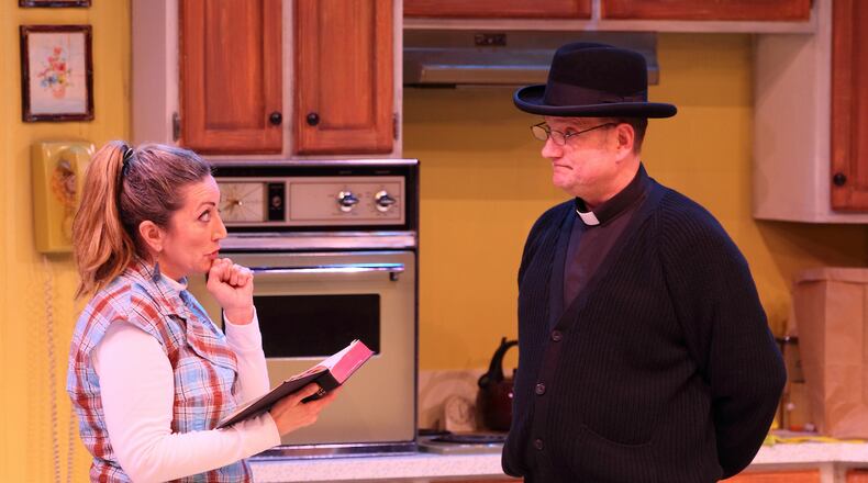 Mierka Girten (Terri Carmichael) and Jason Podplesky (Father Lovett) in the Human Race Theatre Company's production of "Incident at Our Lady of Perpetual Help." PHOTO BY SCOTT J. KIMMINS