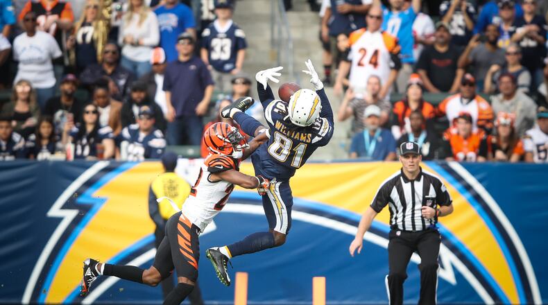 CARSON, CA - DECEMBER 09: Wide receiver Mike Williams #81 of the Los Angeles Chargers makes an incomplete pass play in front of cornerback William Jackson #22 of the Cincinnati Bengals in the second quarter at StubHub Center on December 9, 2018 in Carson, California. (Photo by Sean M. Haffey/Getty Images)