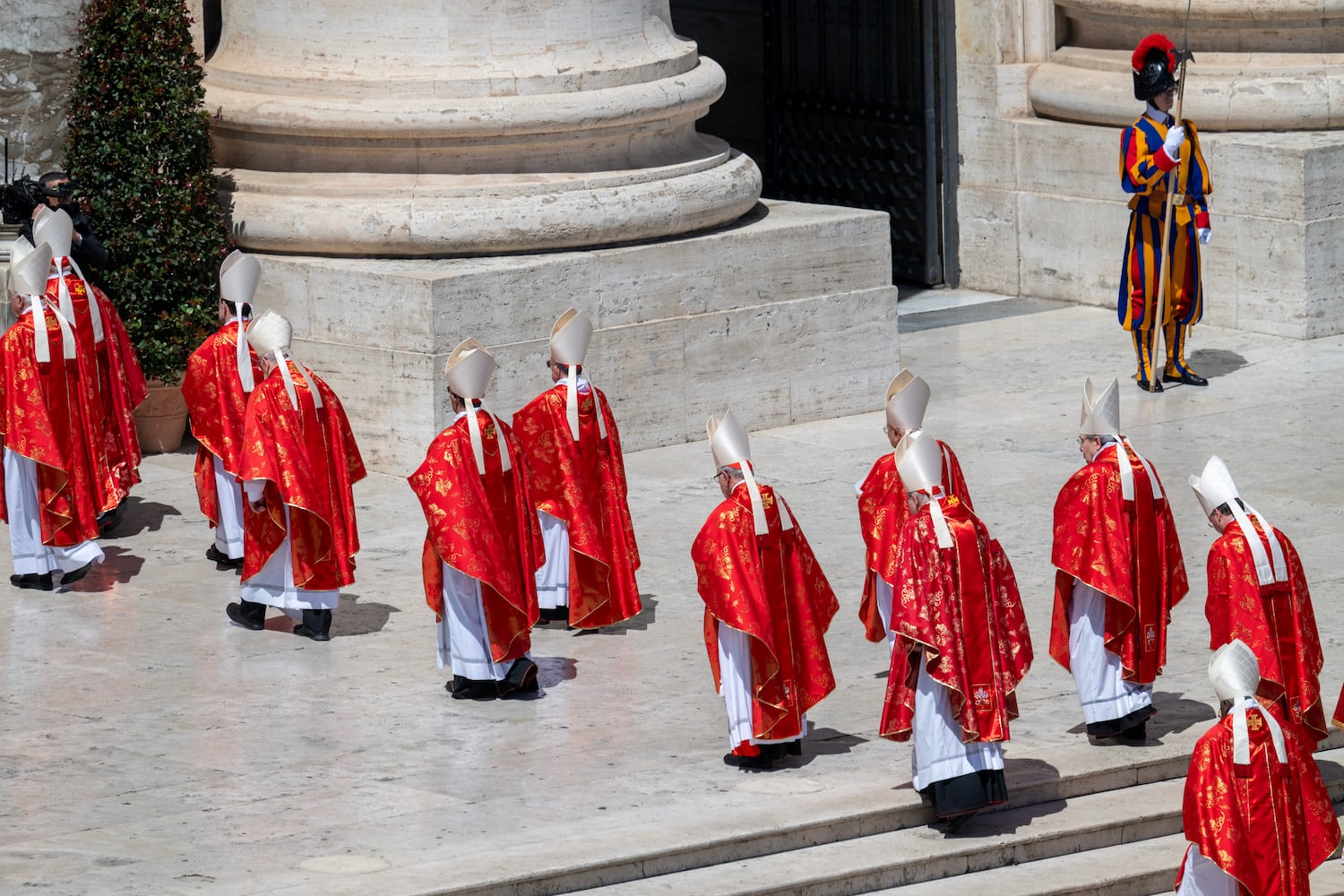 Cardinals made their way back into St. PeterÕs Basilica after the funeral service for Pope Francis, at the Vatican on Saturday, April 26, 2025. (James Hill/The New York Times). 