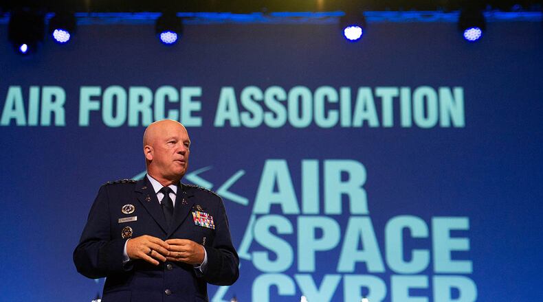 Chief of Space Operations Gen. John W. Raymond gives an update on the U.S. Space Force during the Air Force Association Air, Space and Cyber Conference at National Harbor, Maryland, Sept. 21. During his presentation, Raymond previewed the Space Force’s Service Dress Prototype and gave insight to the “Guardian Ideals,” which identifies the Space Force’s vision for its culture to ensure mission success. U.S. AIR FORCE PHOTO/TECH. SGT. ARECA T. WILSON