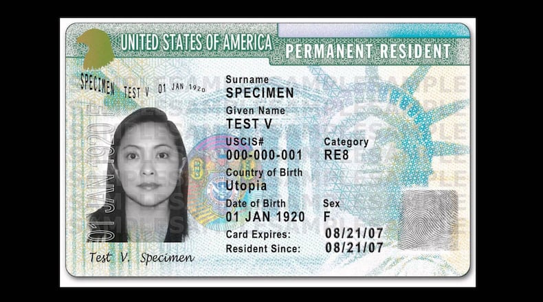 An example of a United States Permanent Resident Card, commonly known as a "green card."