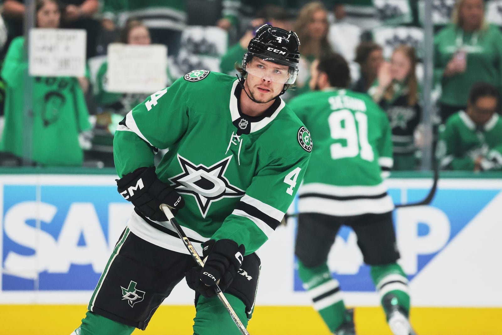 Dallas Stars defenseman Miro Heiskanen warms up before Game 4 of a second-round NHL hockey playoff series against the Winnipeg Jets in Dallas, Tuesday, May 13, 2025. (AP Photo/Gareth Patterson)