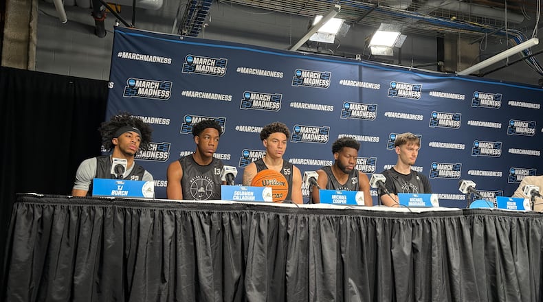Wright State University players TJ Burch, Solomon Callaghan, Michael Cooper, Michael Imariagbe and Kellen Pickett speak at a press conference on Thursday in Philadelphia. The Raiders will face Virginia in an NCAA First Round game on Friday afternoon. JON MARKS / CONTRIBUTED PHOTO