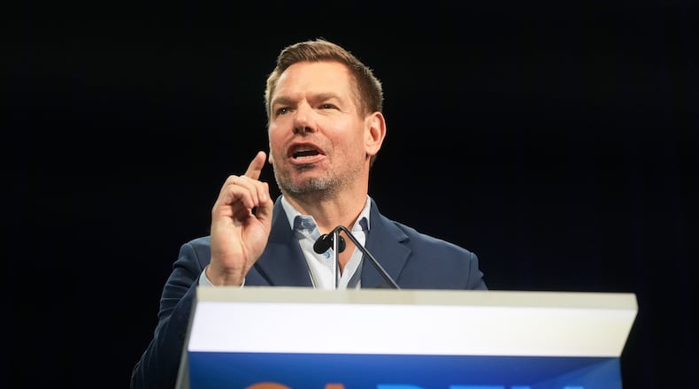 California gubernatorial candidate Eric Swalwell speaks at the 2026 California Democratic Party State Convention in San Francisco, Saturday, Feb. 21, 2026. (AP Photo/Jeff Chiu)