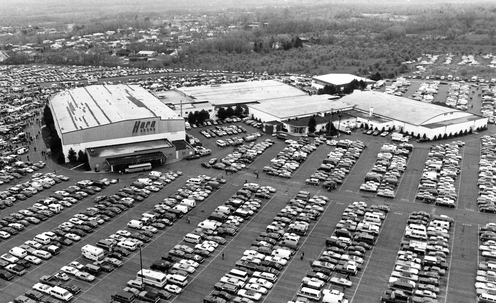 An early aerial photo of Hara Arena. 