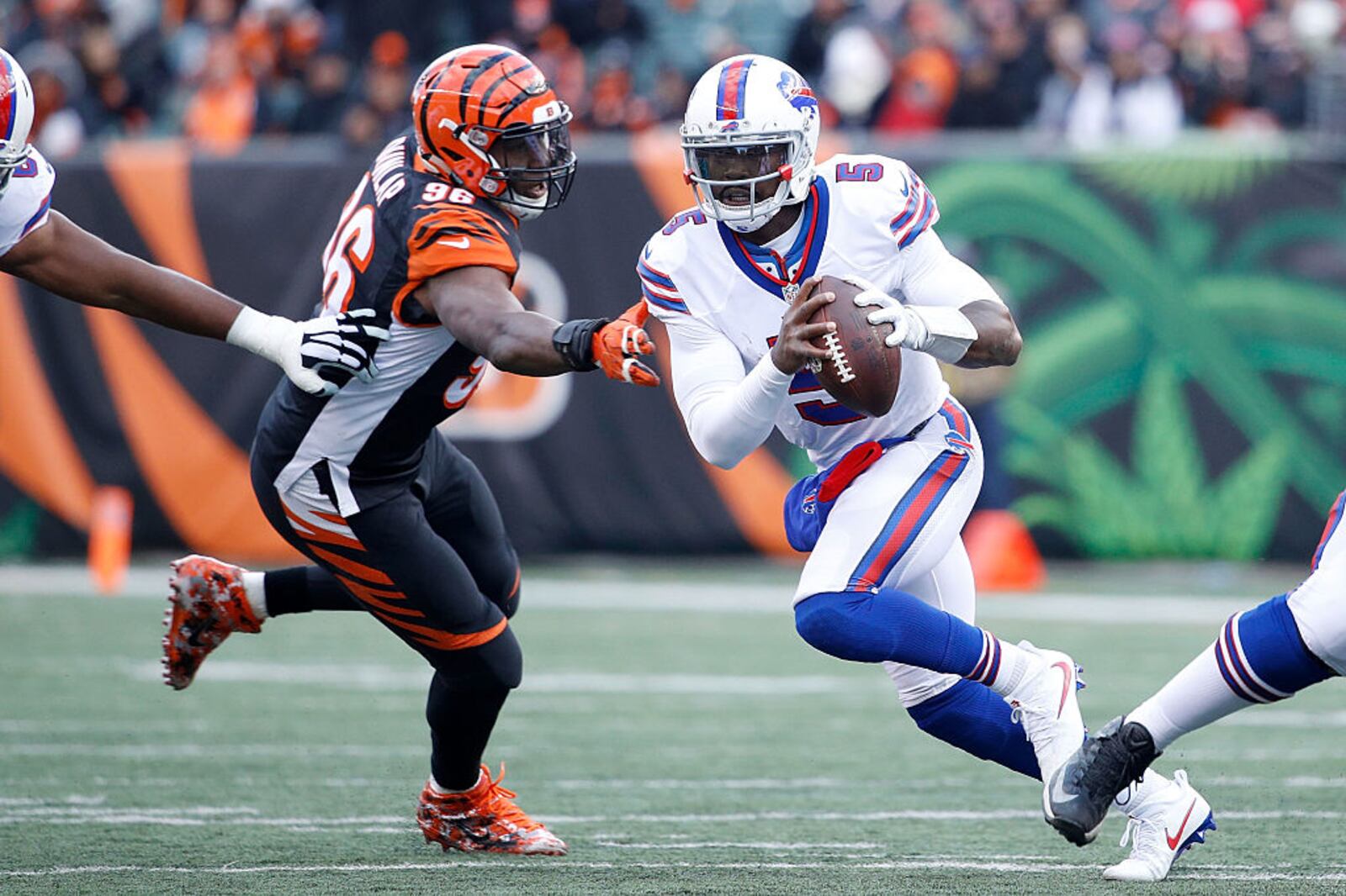CINCINNATI, OH - NOVEMBER 20: Tyrod Taylor #5 of the Buffalo Bills slips away from Carlos Dunlap #96 of the Cincinnati Bengals during the third quarter at Paul Brown Stadium on November 20, 2016 in Cincinnati, Ohio. (Photo by Joe Robbins/Getty Images)