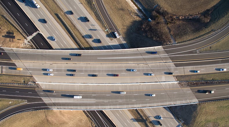 The U.S. 35 and I-675 interchange.  The suburban communities along the I-675 corridor and northern I-75 corridor possess better access to opportunities, according to the report. TY GREENLEES / STAFF
