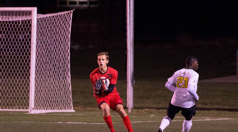 Wright State goalkeeper Joel Sundell collects the ball during a match against Green Bay on Nov. 2, 2019. Joseph Craven/WSU Athletics