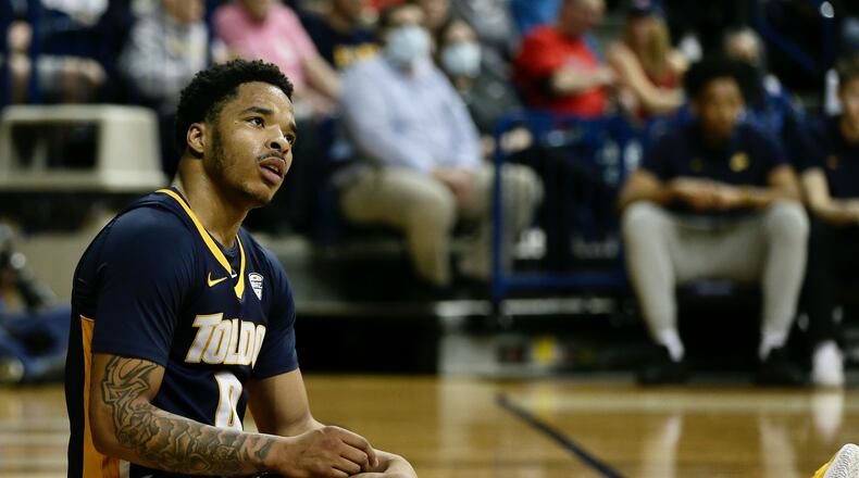 Toledo's Ra'Heim Moss reacts after a foul during a game against Dayton in the first round of the NIT on Wednesday, March 16, 2022, at Savage Arena in Toledo. David Jablonski/Staff