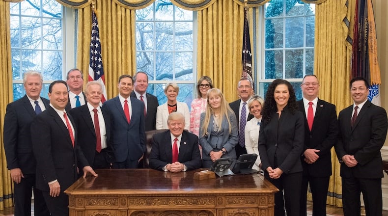 Steve Staub, co-owner of Harrison Twp.’s Staub Manufacturing Solutions, was part of a group of small manufacturers that visited the White House last Friday. Staub in this photo is second from the right. CONTRIBUTED.