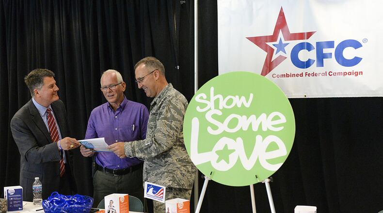 Visiting and staffing the Combined Federal Campaign’s exhibit during the CFC Charity Fair and Campaign Kickoff, held Oct. 3 at Wright State University’s Nutter Center, are left to right: Randy Parker, deputy director for the Air Force Installation and Mission Support Center Detachment 6; Bill Edwards, a medical administrator for the Mental Health Clinic, 88th Medical Group; and Col. Rick Johns, deputy director and chief information officer, Air, Space and Cyber Space Operations, Air Force Materiel Command, and this year’s chair of Dayton’s Combined Federal Campaign. (U.S. Air Force photo/Wesley Farnsworth)