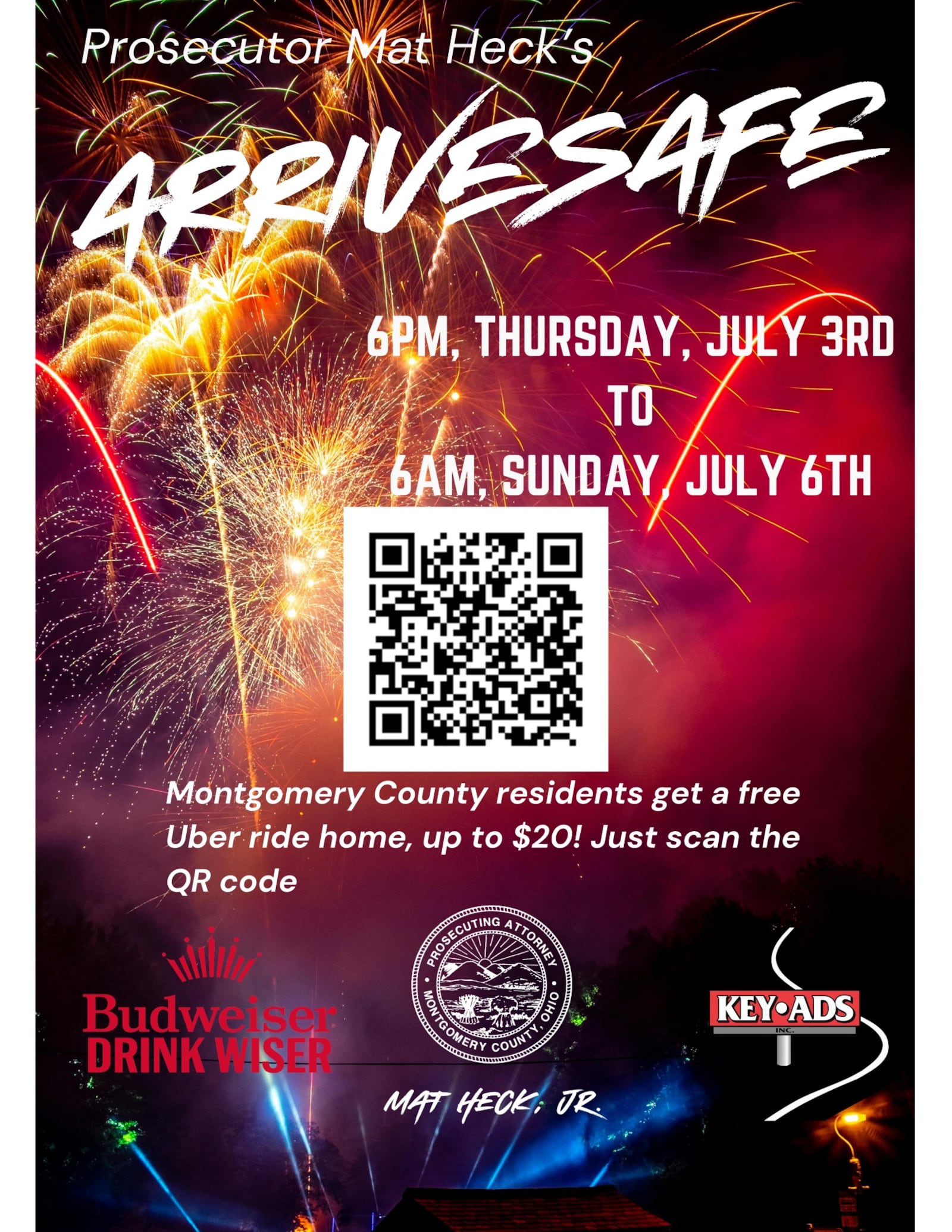 Montgomery County residents can scan the QR code for a free Uber ride of up to $20 between 6 p.m. Thursday, July 3, 2025 through 6 a.m. Sunday, July 6, 2025, as part of the ArriveSafe program.