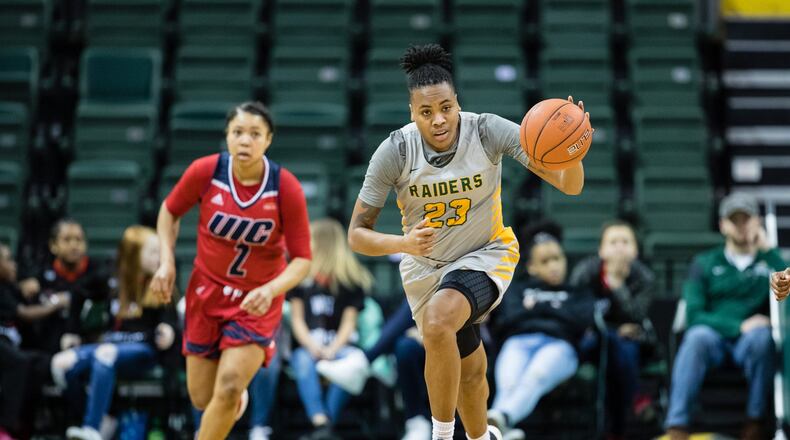 Wright State’s Symone Simmons scored 15 points and grabbed 15 rebounds in the Raiders’ 73-47 win over UIC on Thursday night at the Nutter Center. Tim Ganz/CONTRIBUTED