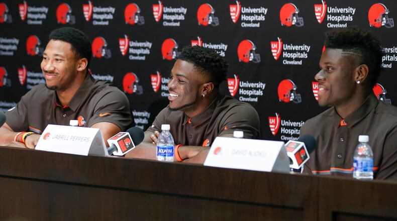 Cleveland Browns first round NFL draft choices, from left, Myles Garrett, Jabrill Peppers, center, and David Njoku answer questions during a news conference at the NFL teamâs training facility, Friday, April 28, 2017, in Berea, Ohio. (AP Photo/Ron Schwane)