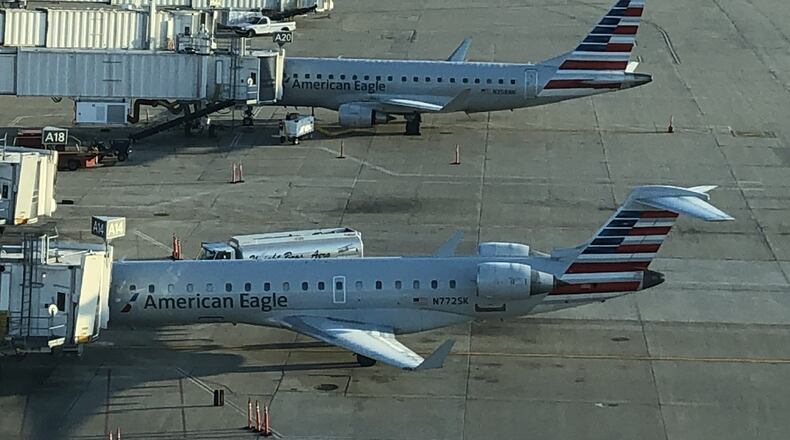 American Eagle jets operated by American Airlines at the Dayton International Airport on Wednesday Dec. 11, 2019.