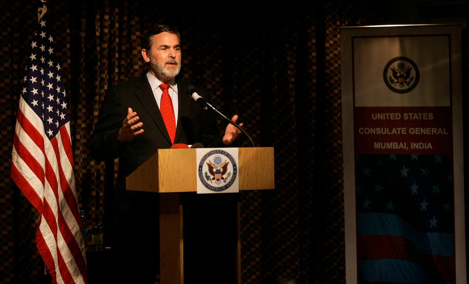 FILE - U.S. Assistant Secretary of State Richard Boucher speaks during a press conference in Mumbai, India, Jan. 9, 2009. (AP Photo/Rajanish Kakade, File)