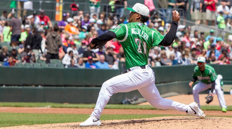 Dayton's Gabriel Aguilera throws a pitch during a game earlier this season at Day Air Ballpark. Jeff Gilbert/CONTRIBUTED