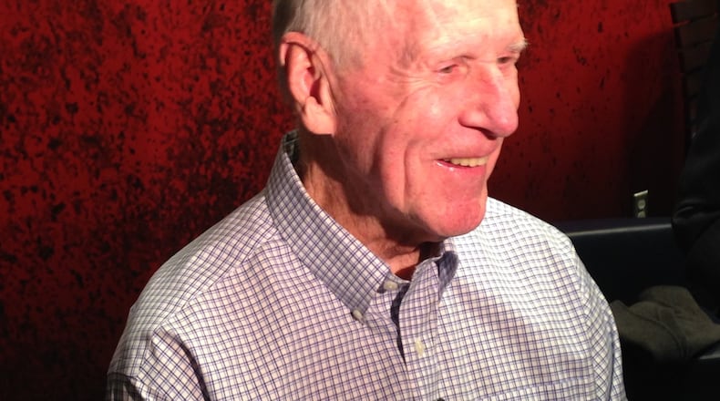 Former Dayton men’s basketball coach Don Donoher gives an interview at the Cronin Center at the University of Dayton on Tuesday, Feb. 17, 2015. David Jablonski/Staff