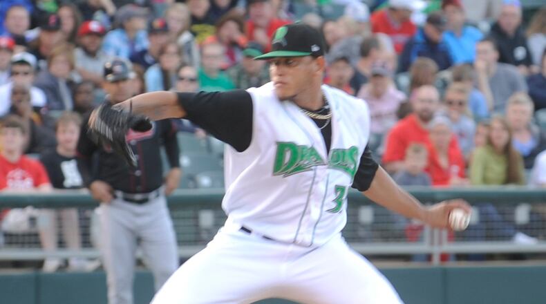 Dragons starting pitcher Ismael Guillon delivers. The Dayton Dragons hosted the Great Lakes (Mich.) Loons (Dodgers) at Fifth Third Field on Monday, May 19, 2014. MARC PENDLETON / STAFF