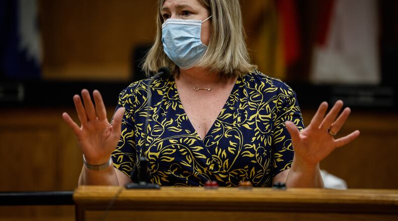 Dayton Mayor Nan Whaley talks about mask mandates for city employees with a possible vaccine mandate for city employees. Jim Noelker/Staff