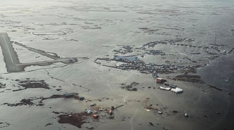 In this photo provided by the Defense Visual Information Distribution Service, Alaska Air National Guard rescue personnel conduct a search and rescue mission in Kipnuk, Alaska, on Monday, Oct. 13, 2025. (Defense Visual Information Distribution Service via AP)