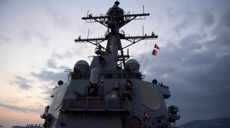 An Arleigh-Burke U.S. Navy destroyer arrives in Souda Bay, Greece in October 2018 in this U.S. Navy photo.