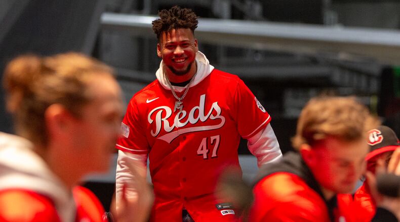 New starting pitcher Frankie Montas enjoyed his enthusiastic reception Saturday from fans at the Reds Caravan stop at the Air Force Museum. Jeff Gilbert/CONTRIBUTED