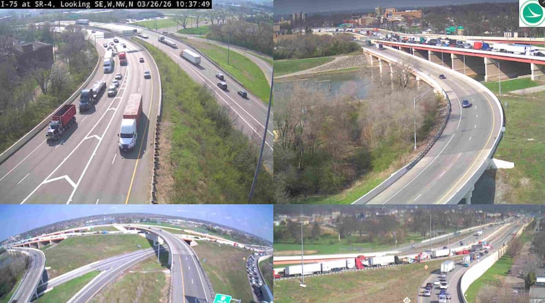 Interstate 75 North is closed at Ohio 4 and the Ohio 4 South ramp to I-75 North is closed after a box truck reportedly hit the median on I-75 North near Stanley Avenue late Thursday morning on March 26, 2026. Photo courtesy the Ohio Department of Transportation.