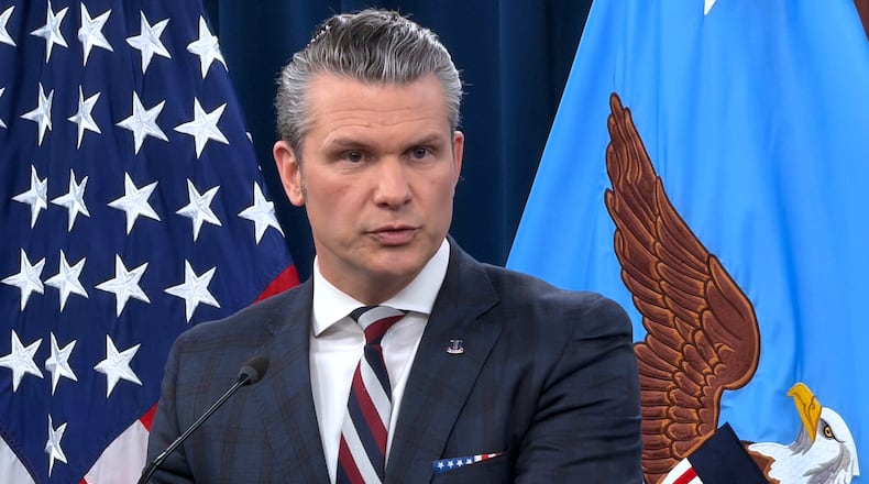 Defense Secretary Pete Hegseth speaks during a press briefing at the Pentagon, Wednesday, March 4, 2026, in Washington. (AP Photo/Konstantin Toropin)
