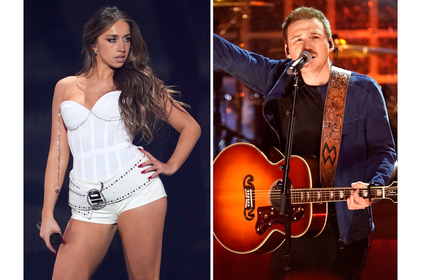 Tate McRae performs during Z100's iHeartRadio Jingle Ball in New York on Dec. 13, 2024, left, and Morgan Wallen performs "Man Made a Bar" at the 57th Annual CMA Awards in Nashville, Tenn., on Nov. 8, 2023. (AP Photo)