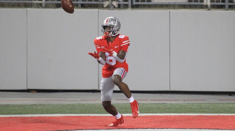 Jameson Williams catches a touchdown pass for Ohio State against Rutgers on Nov. 7, 2020.