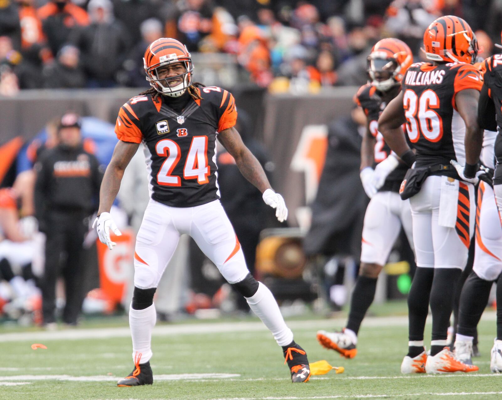 Bengals cornerback Adam Jones (24) slams his mouthpiece after a slew of second half penalties during their game against the Steelers, at Paul Brown Stadium, Sunday, Dec. 18, 2016. GREG LYNCH / STAFF